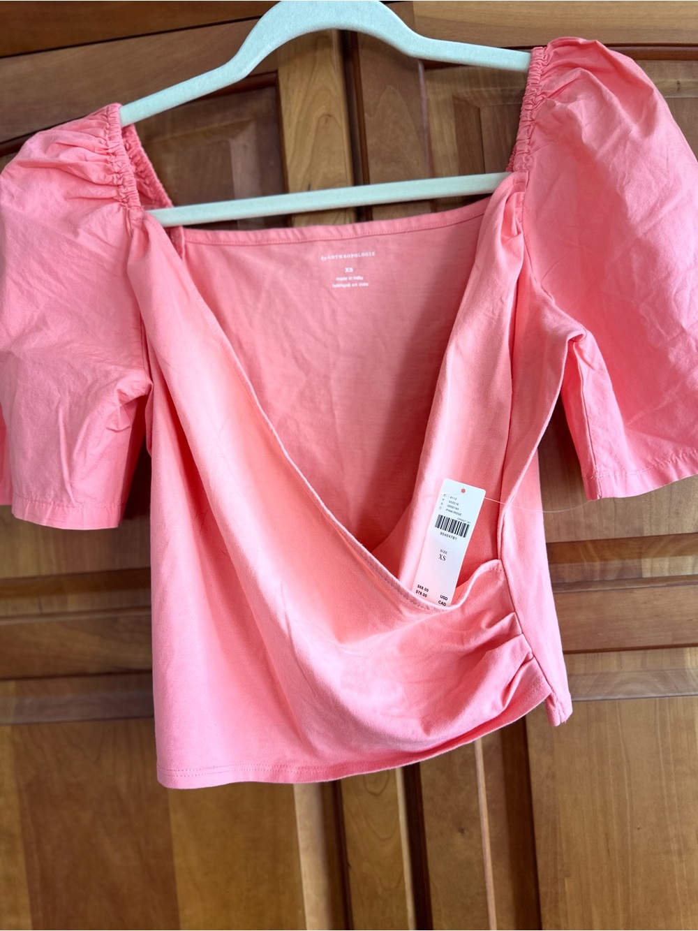 Anthropologie Coral Puff-Sleeve Faux Wrap Crop Top NWT, XS